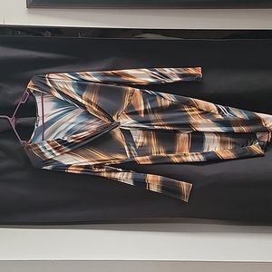 Brown/green/black faux wrap dress 1X
